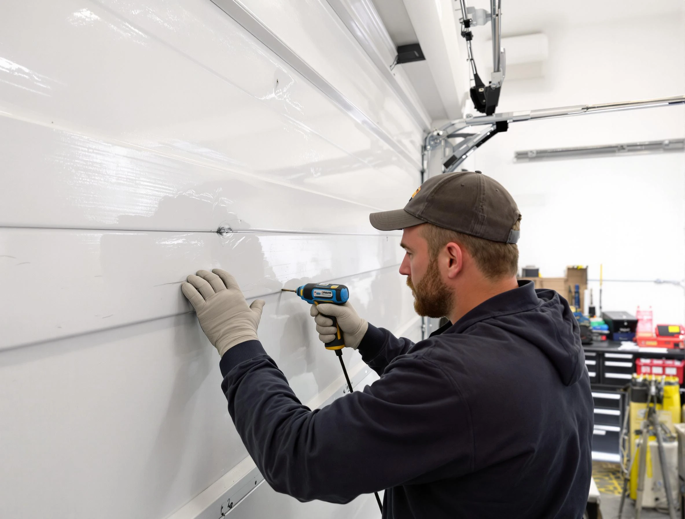 Monessen Garage Door Repair technician demonstrating precision dent removal techniques on a Monessen garage door
